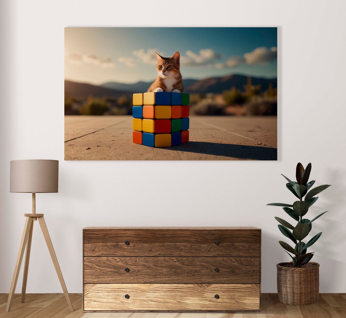 Orange Tabby Cat Peeking Over A Giant Rubiks Cube At Sunset Poster