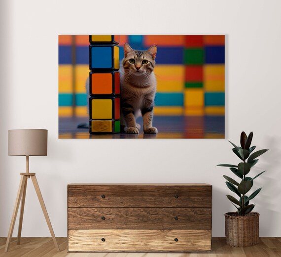 Gray Tabby Kitten Beside Tower Of Colorful Rubiks Cubes Poster