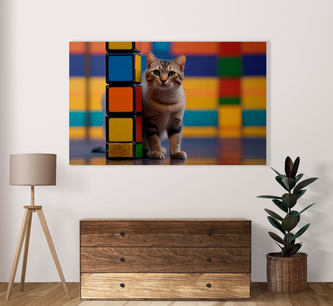 Gray Tabby Kitten Beside Tower Of Colorful Rubiks Cubes Poster