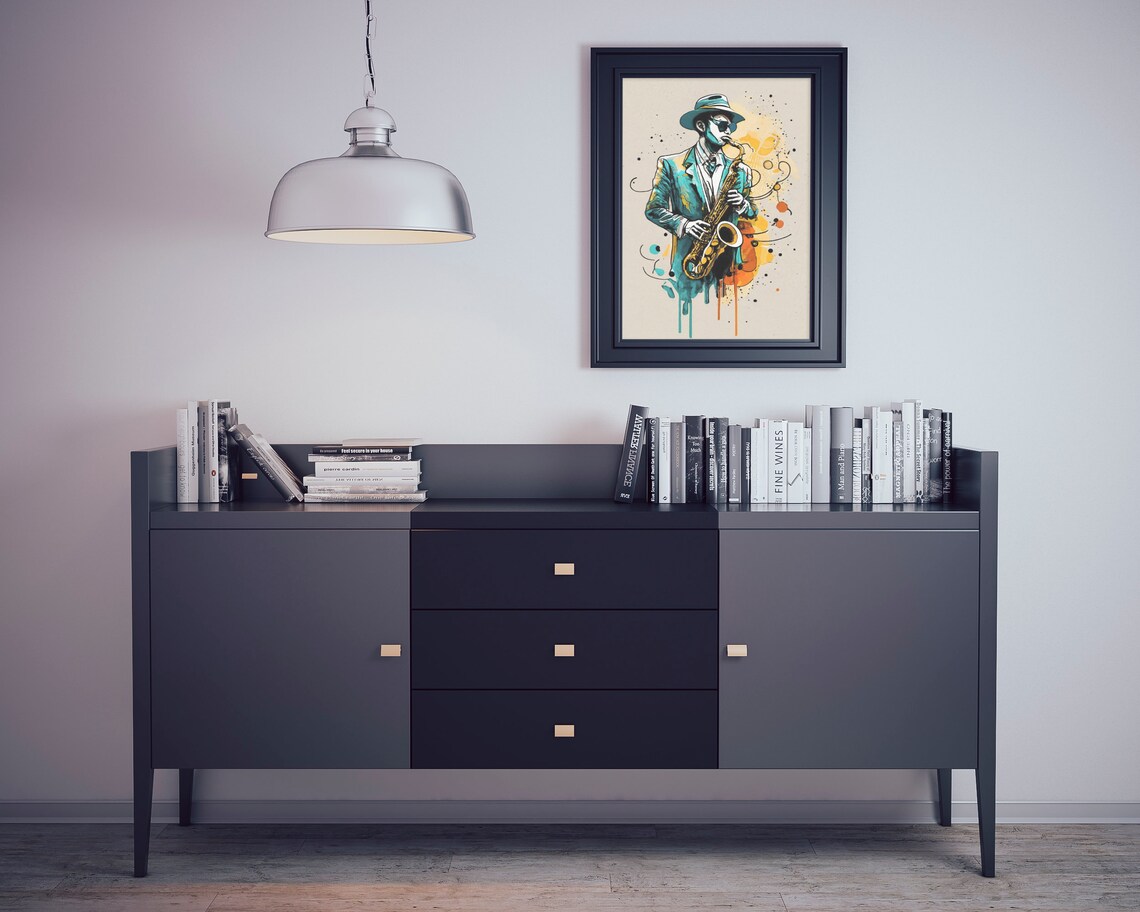 Jazz Saxophonist In Hat Teal Orange Splash Illustration Poster - Image 2