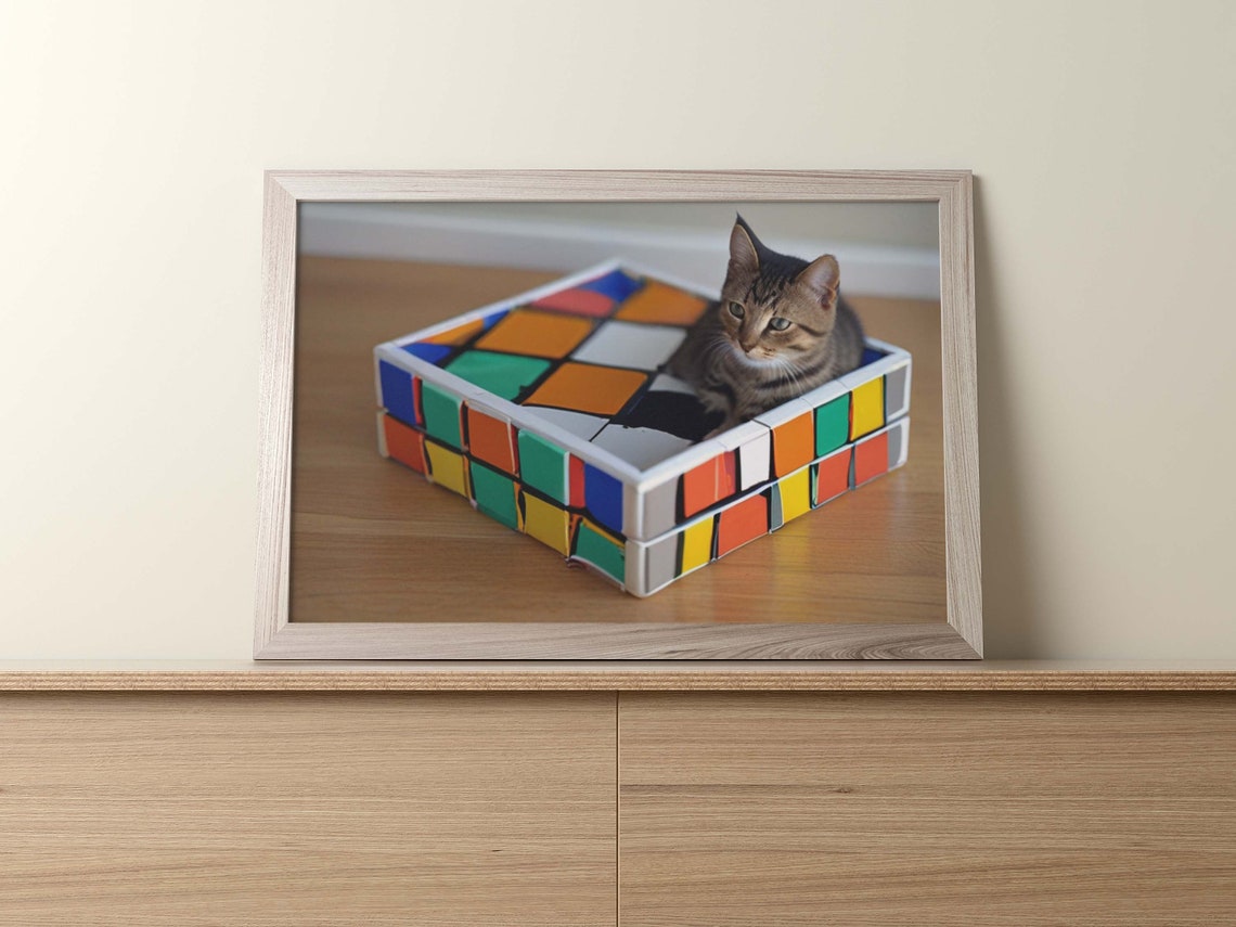 Tabby Cat Lounging Inside A Giant Multicolor Rubiks Cube Box Poster - Image 2