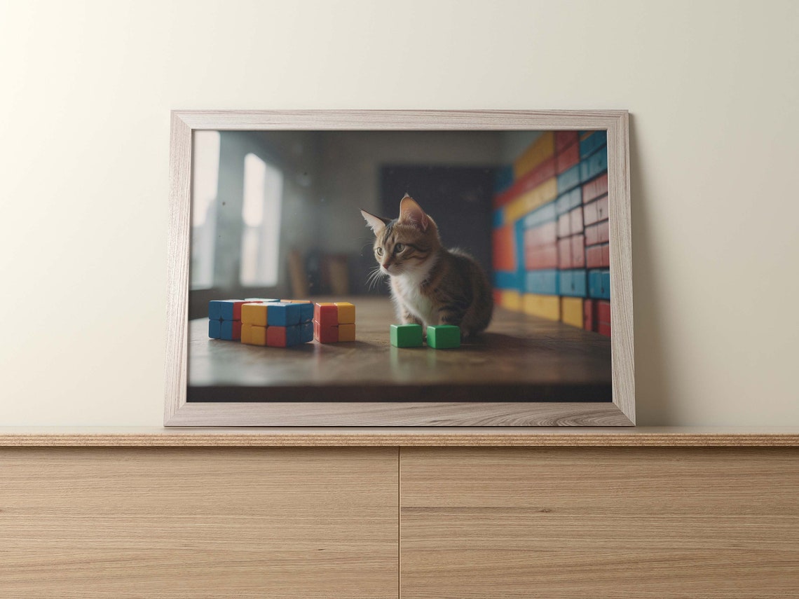 Tabby Cat Among Scattered Rubiks Cubes In A Moody Room Poster - Image 2