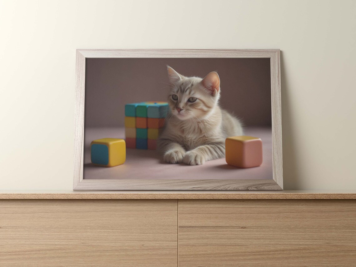 Tranquil White Cat Contemplating Poster Set Of 1 Image Home Art Decor Cute Cat With Cubes Illustration - Image 2