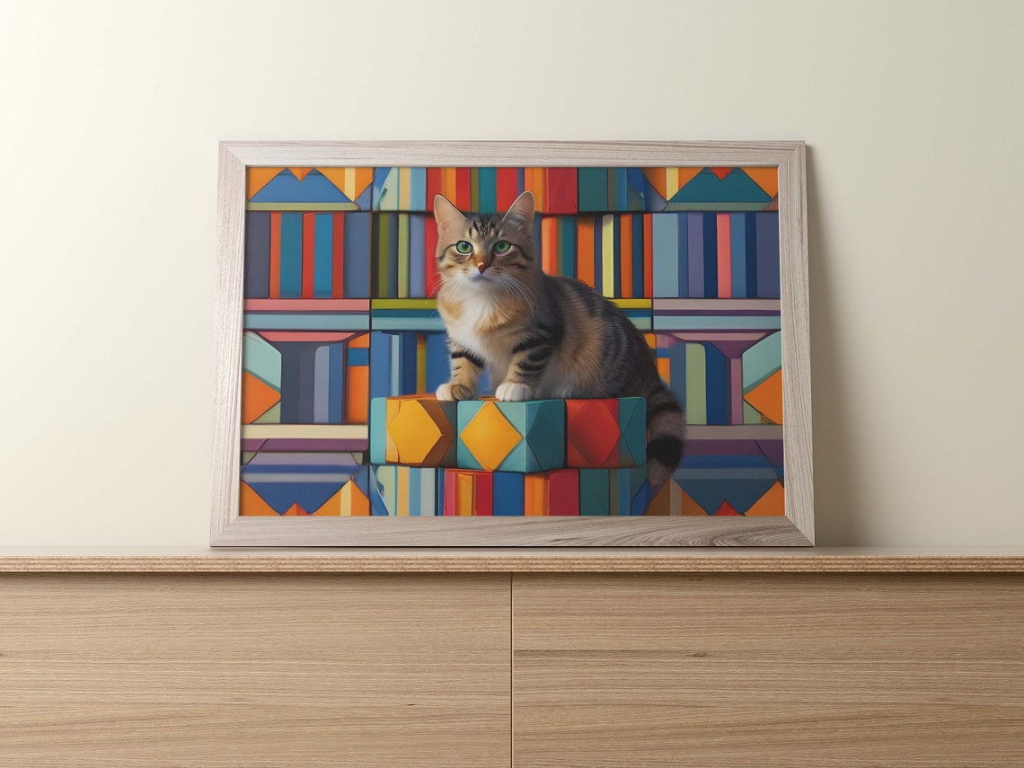Green Eyed Tabby Cat Sitting On Colorful Geometric Cubes Poster - Image 2