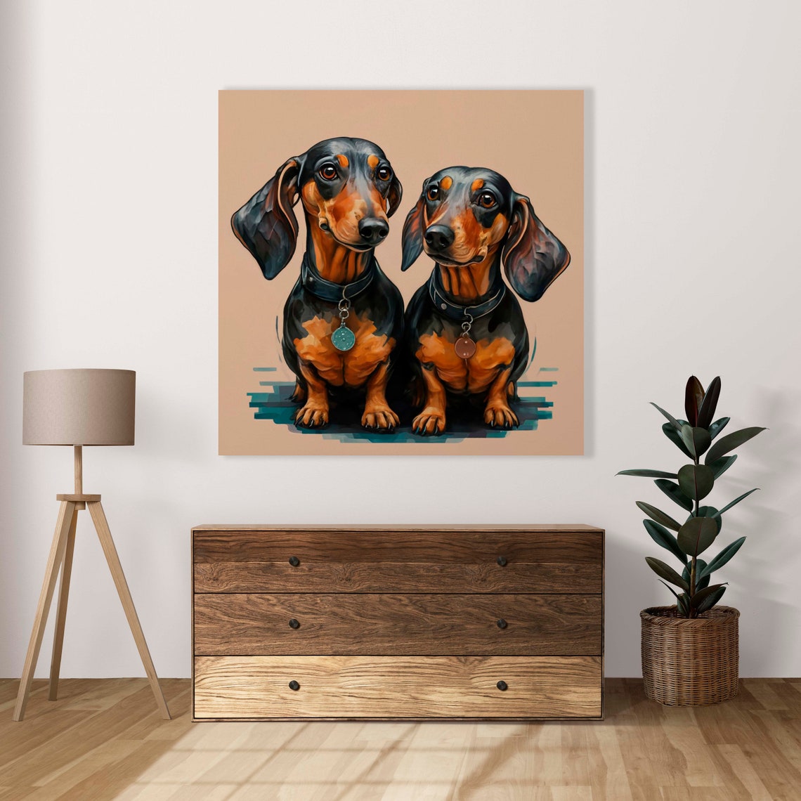Two Black And Tan Dachshunds Sitting Together Cute Dog Poster