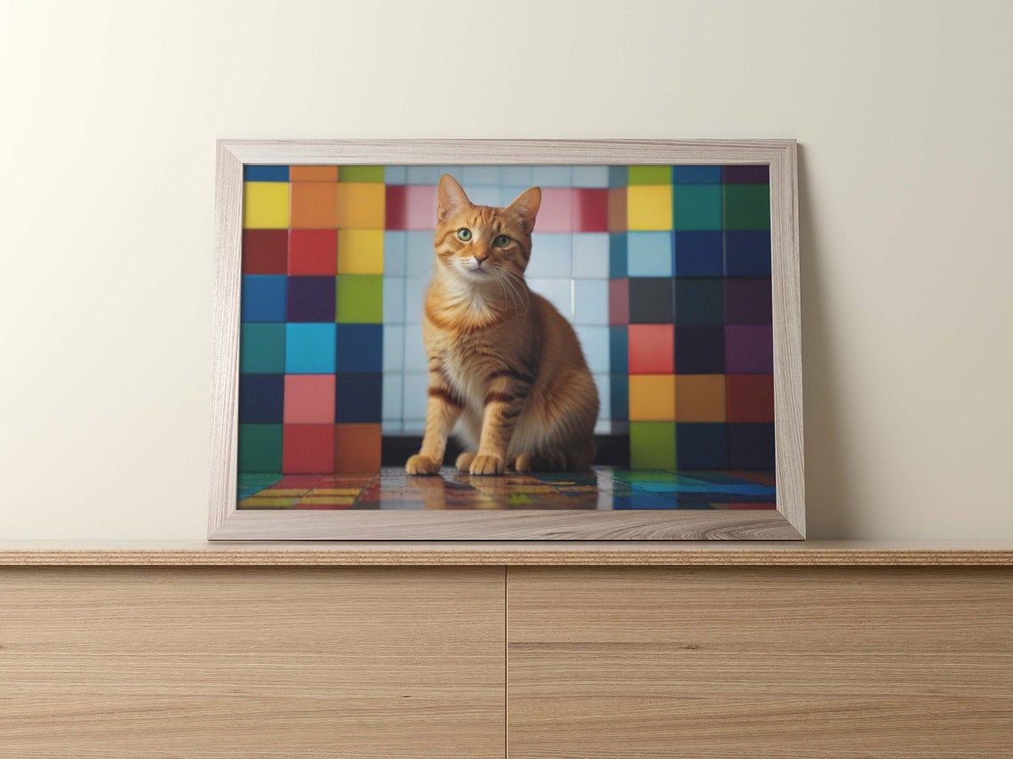 Orange Tabby Cat Portrait In Front Of Cube Block Wall Poster - Image 2