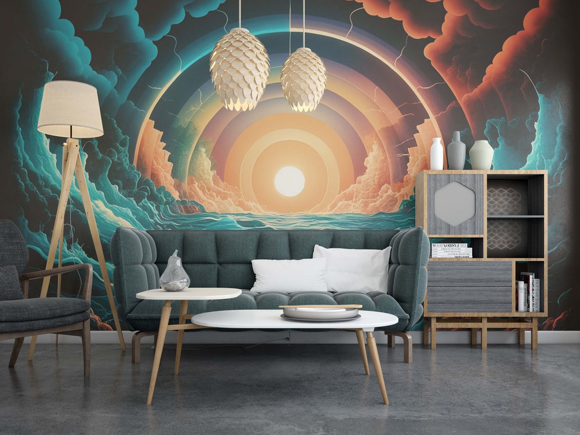 Teal Waves Under Geometric Rainbow Sunrise Sky Ocean Art Poster - Image 2