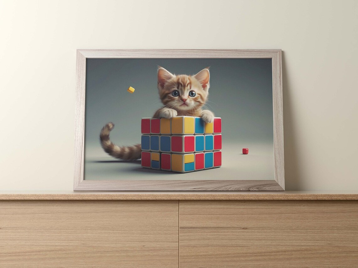 Cute Orange Kitten Hugging a Giant Colorful Rubik Cube Playfully Poster - Image 2