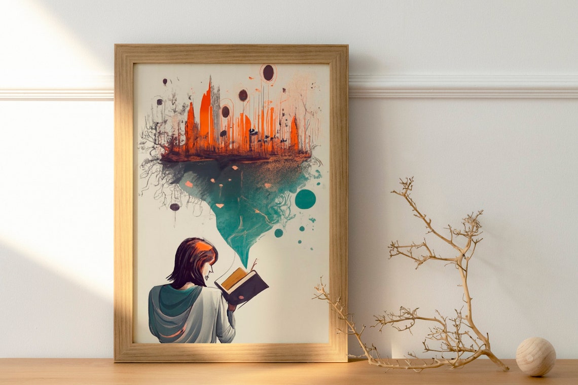 Woman Reading Book Fantasy Floating City Dreamscape Art Poster - Image 3