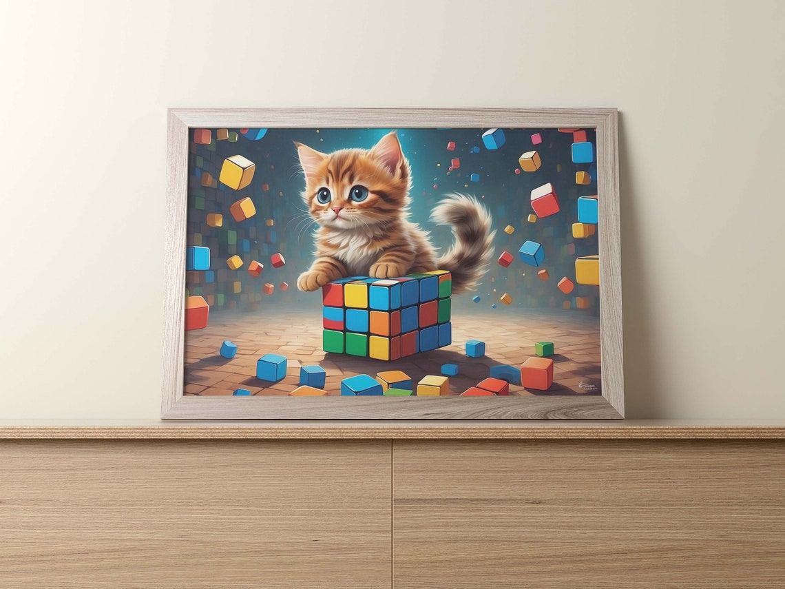 Cartoon Orange Kitten Climbing An Exploding Rubiks Cube Poster - Image 2