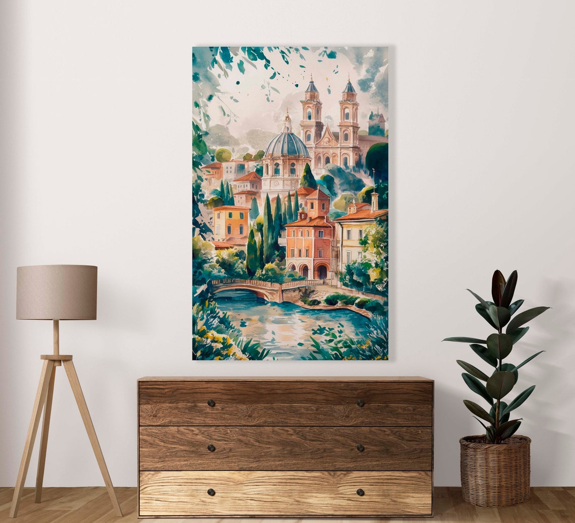 Historic Riverside Town With Domed Cathedral Watercolor Poster