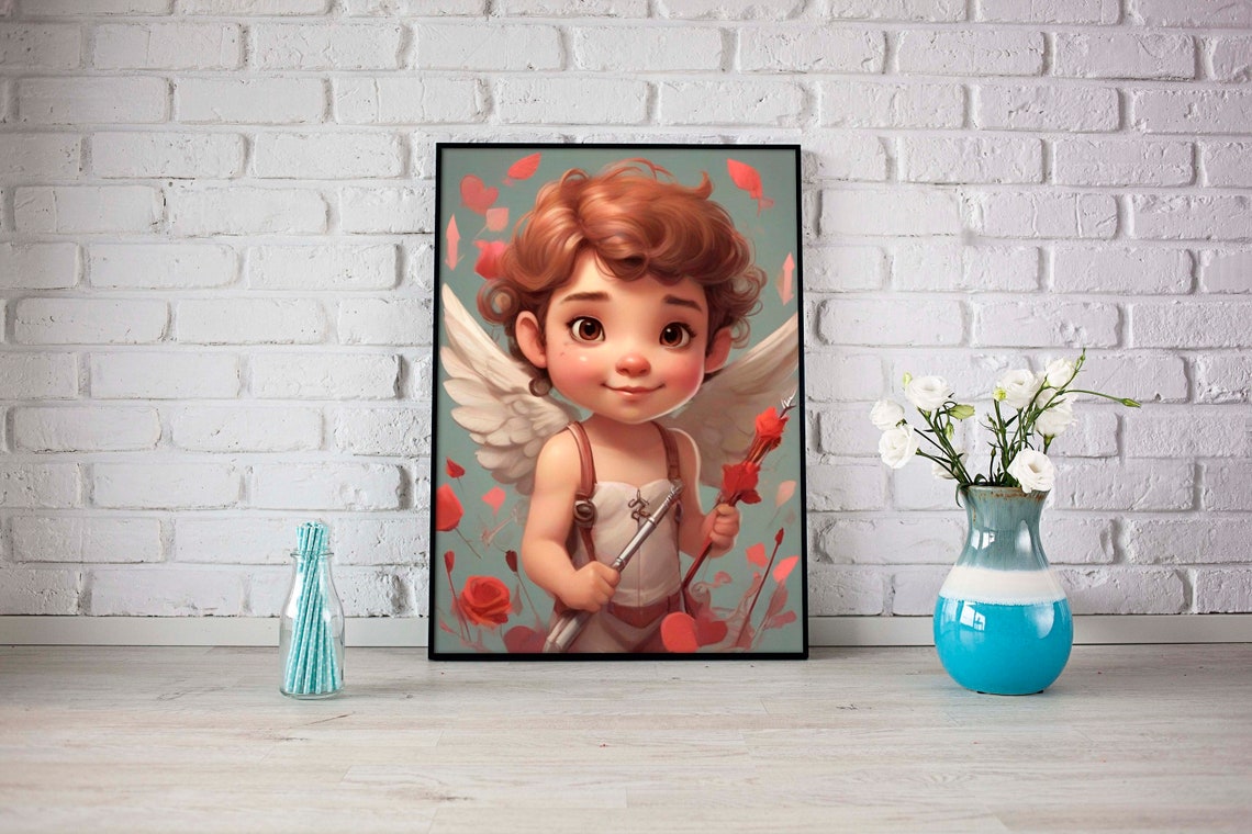 Sweet Curly Haired Cupid Cherub Valentines Day Pink Art Poster