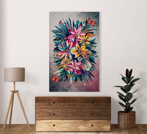 Watercolor Flowers And Butterflies Bouquet Poster Set Of 1 Jpg Image House Art Decorationdigital Botanical Floral Image Art