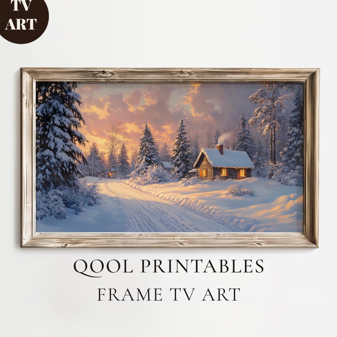 Storybook Winter Village Cozy Cabins Snowy Sunset Art Poster