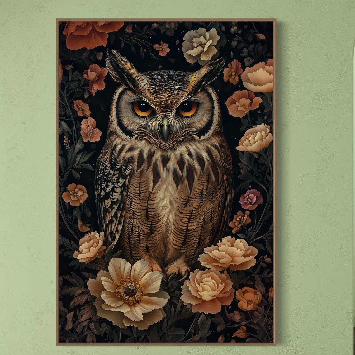 Majestic Great Horned Owl Dark Floral Botanical Wildlife Art Poster
