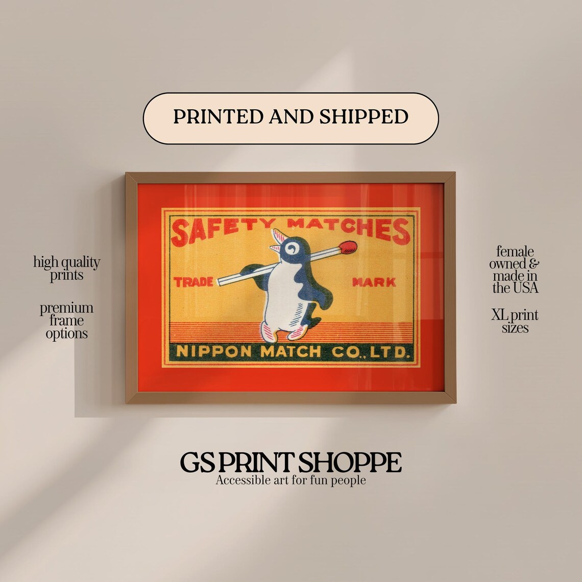 Vintage Penguin Safety Matches Label Poster Nippon Match Co Japan