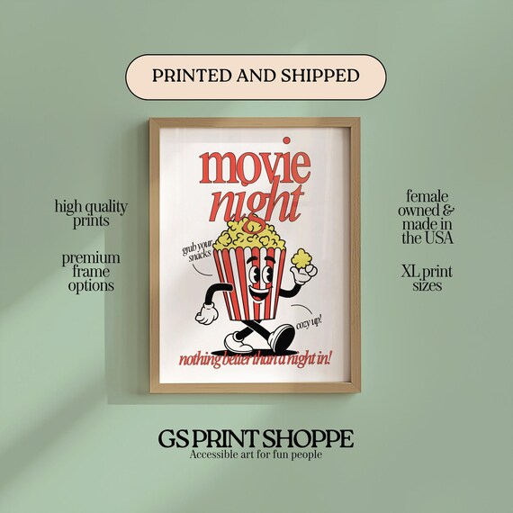 Movie Night Popcorn Mascot Cozy Retro Film Decor Fun Art Poster