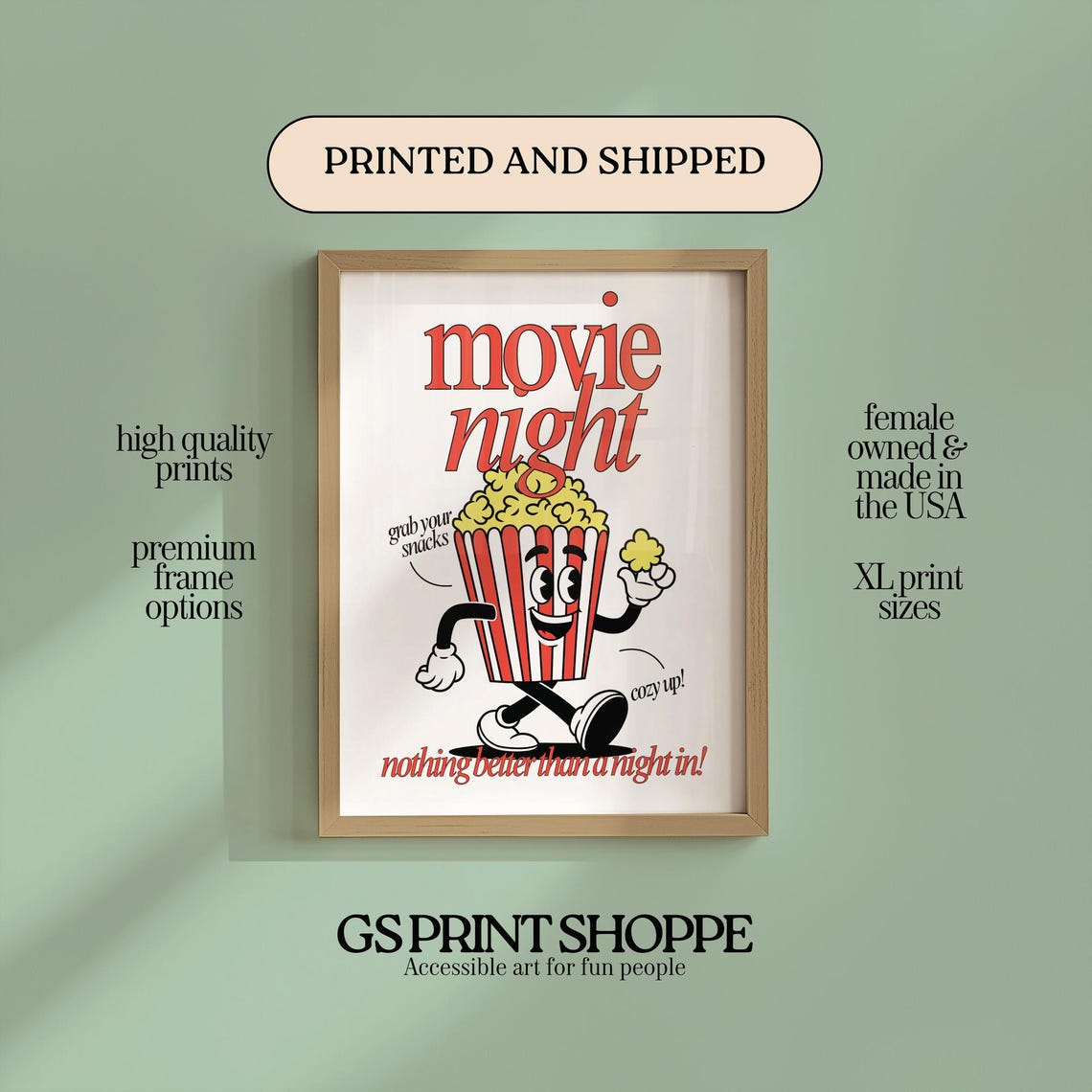 Movie Night Popcorn Mascot Cozy Retro Film Decor Fun Art Poster