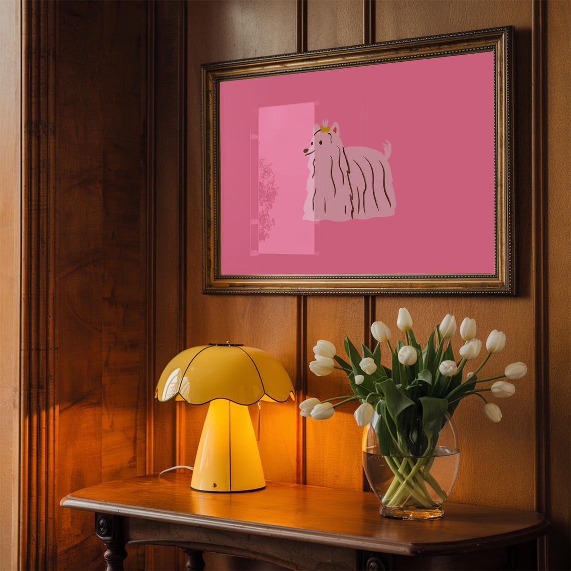 White Fluffy Pup Hot Pink Cute Crown Dog Illustration Wall Art