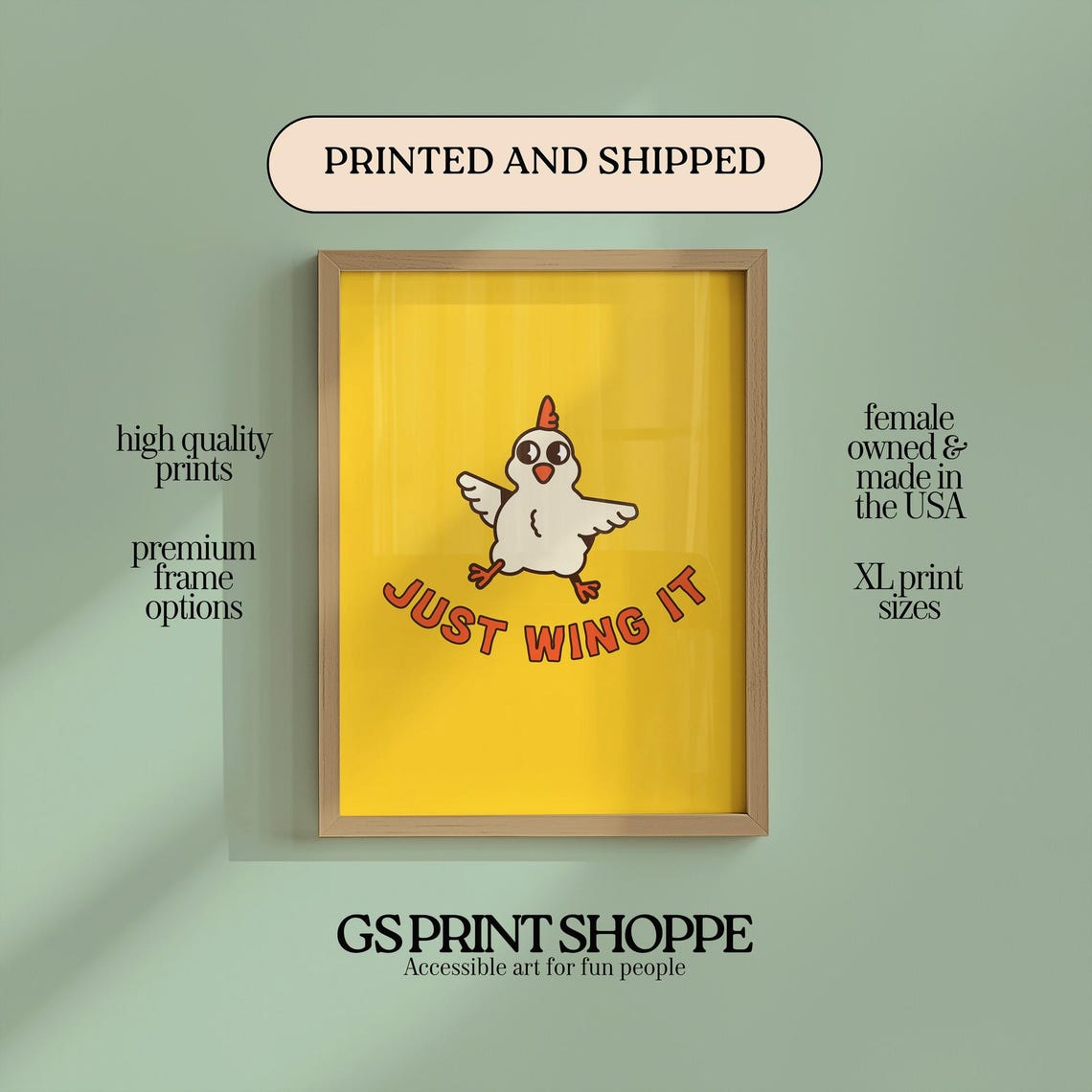 Just Wing It Funny Chicken Cartoon Motivational Quote Art Print