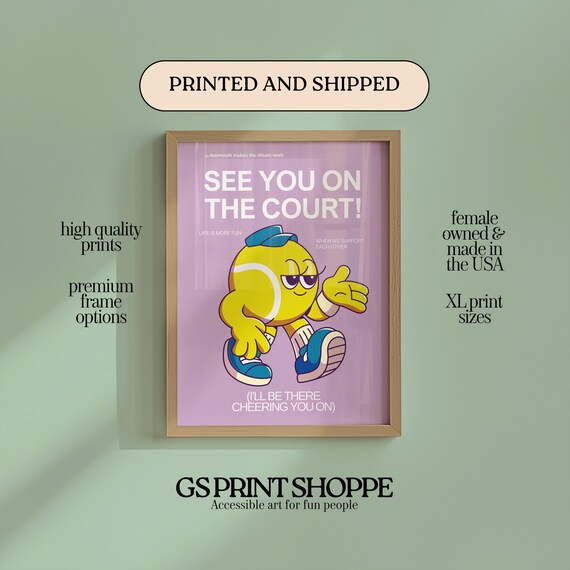 See You On The Court Retro Tennis Ball Character Purple Sport Poster
