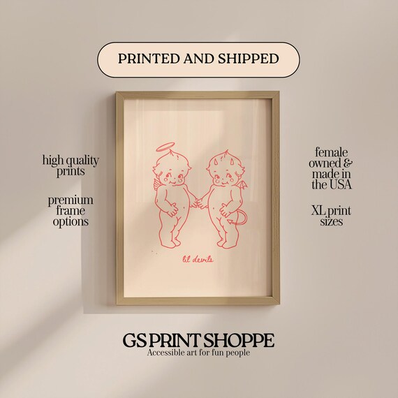 Lil Devils Cute Angel Cherub Twins Retro Line Art Pink Poster