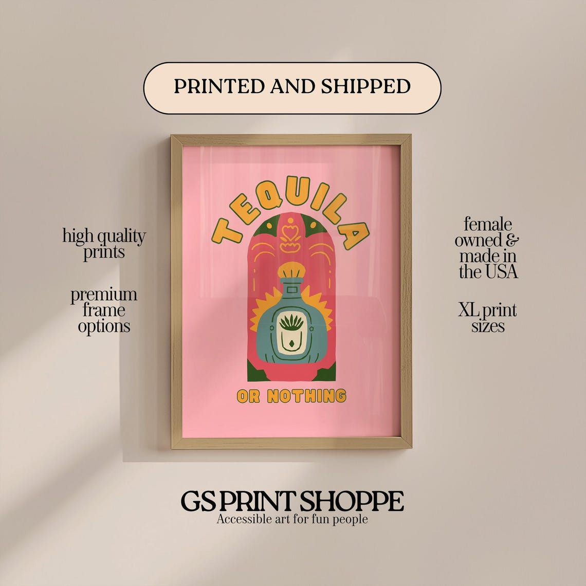 Fun Tequila Or Nothing Pink Retro Cocktail Home Bar Party Poster
