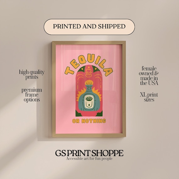 Fun Tequila Or Nothing Pink Retro Cocktail Home Bar Party Poster