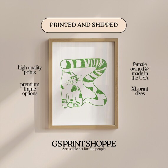 Playful Green Line Art Cat Striped Tail Whimsical Animal Poster