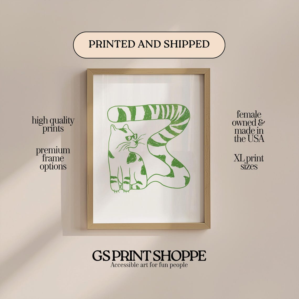 Playful Green Line Art Cat Striped Tail Whimsical Animal Poster