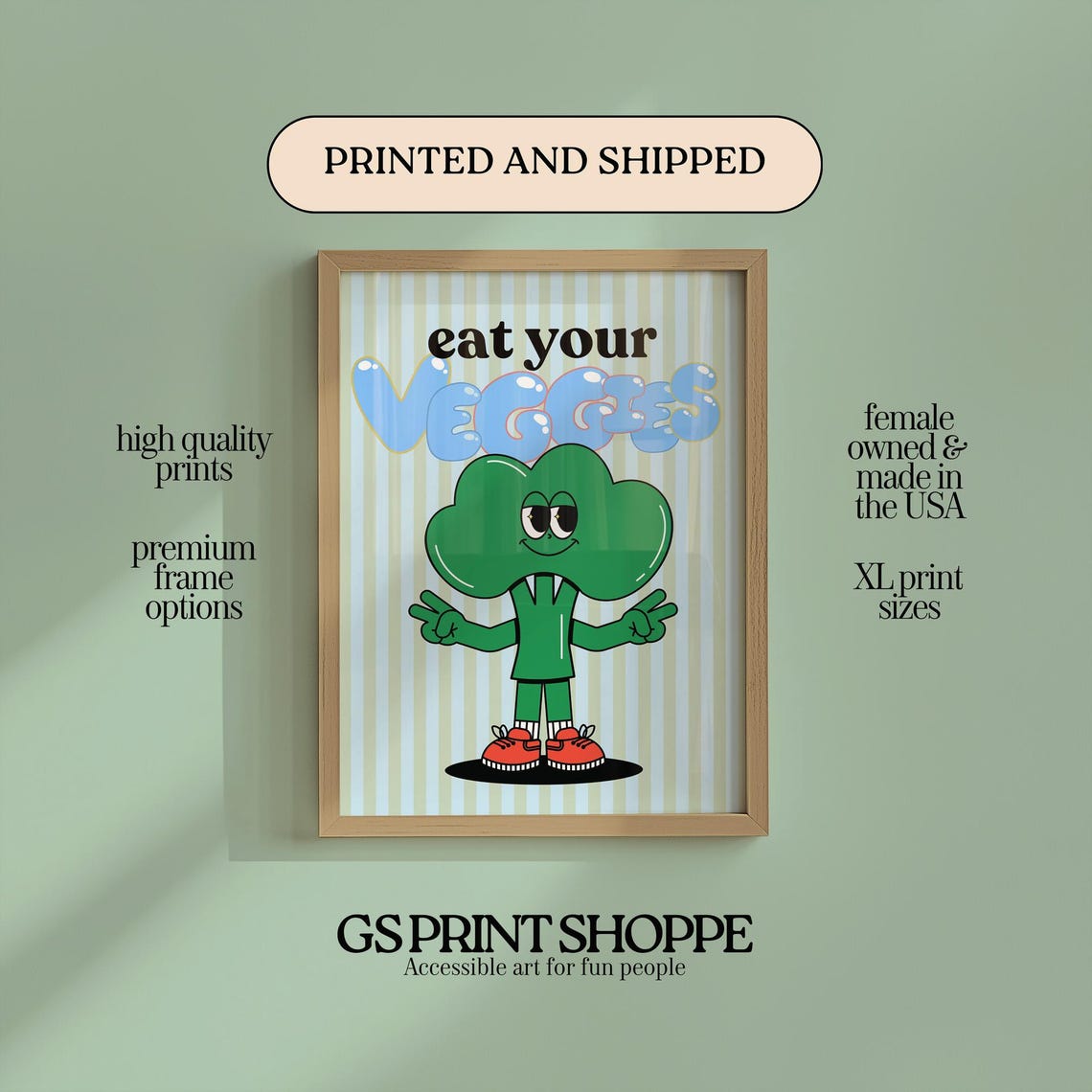 Eat Your Veggies Poster Cute Broccoli Mascot Retro Kitchen Decor