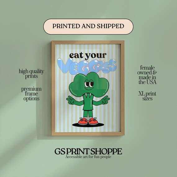 Eat Your Veggies Poster Cute Broccoli Mascot Retro Kitchen Decor