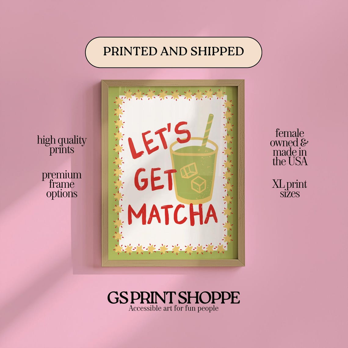 Lets Get Matcha Retro Red Lettered Iced Drink Kitchen Poster