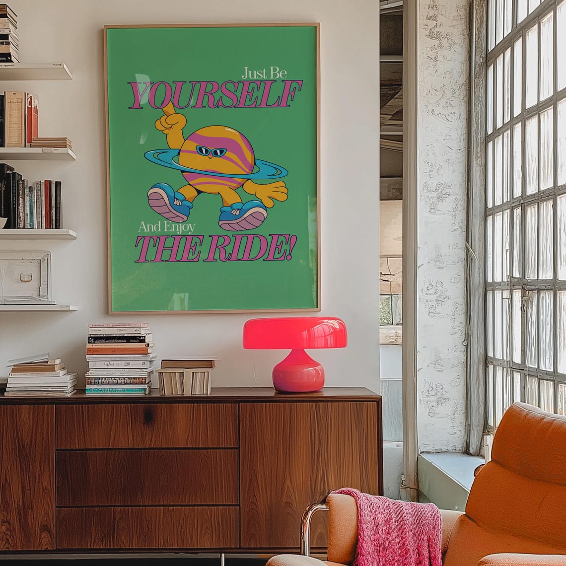 Just Be Yourself Retro Planet Character Motivational Art Poster