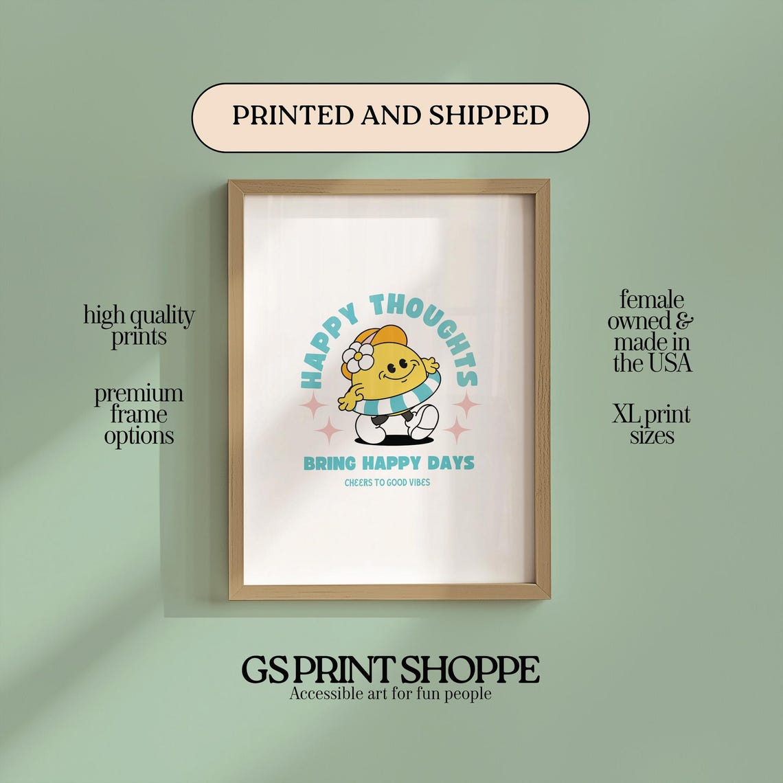Happy Thoughts Bring Happy Days Cute Smiley Retro Cartoon Art Poster