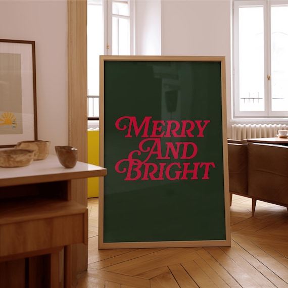 Merry And Bright Red Script Dark Green Minimalist Christmas Poster