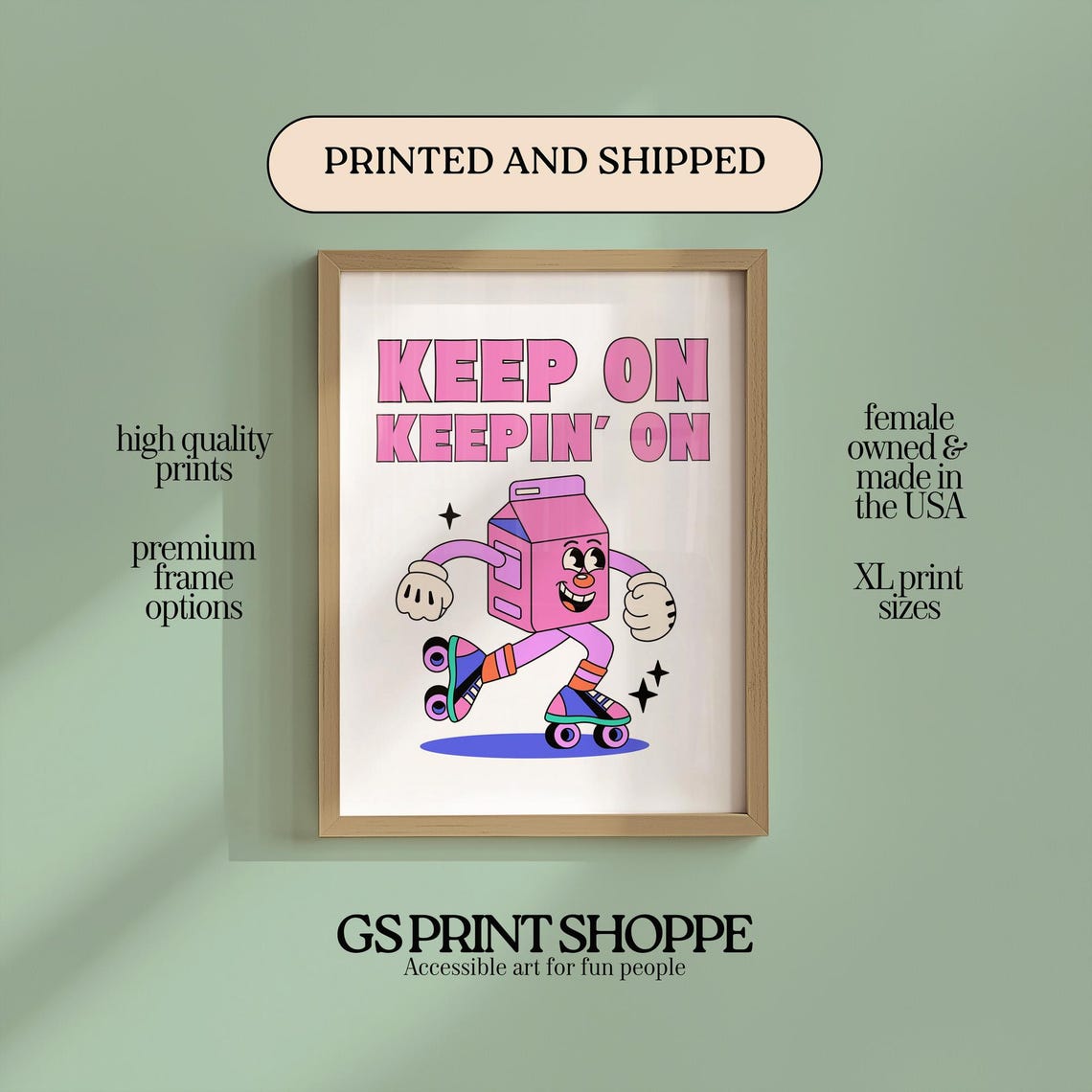 Pink Milk Carton Roller Skating Keep On Keepin On Retro Poster