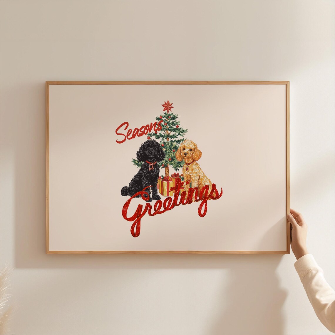Seasons Greetings Christmas Tree Cute Doodle Dogs Vintage Holiday Poster - Image 2