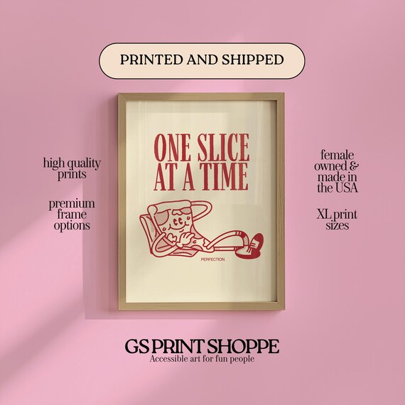 One Slice At A Time Retro Pizza Mascot Fun Kitchen Quote Poster