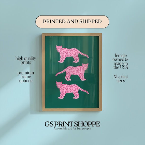 Three Pink Leopards Dark Green Bold Jungle Animal Graphic Art Print