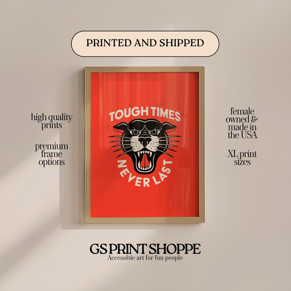 Tough Times Never Last Roaring Panther Red Retro Quote Poster