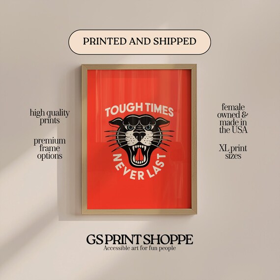 Tough Times Never Last Roaring Panther Red Retro Quote Poster