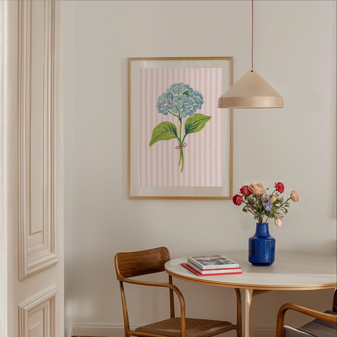 Blue Hydrangea Stem Poster Tied with Bow Pink Stripe Floral Art - Image 2