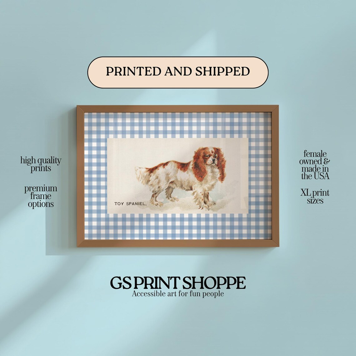 Vintage Toy Spaniel Dog Portrait Gingham Border Animal Art Poster