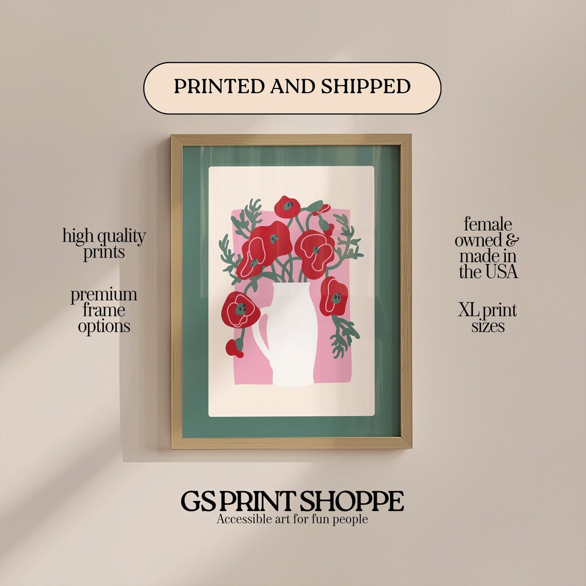 Red Poppies in White Pitcher Naive Floral Still Life Art Print