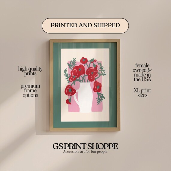 Red Poppies in White Pitcher Naive Floral Still Life Art Print