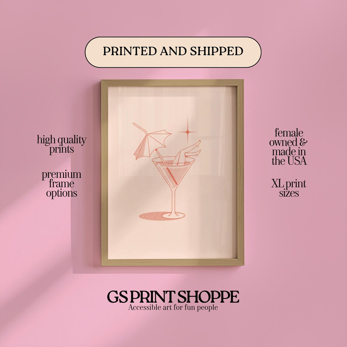 Diving Into Cocktail Pink Martini Glass Retro Bar Cart Art Print