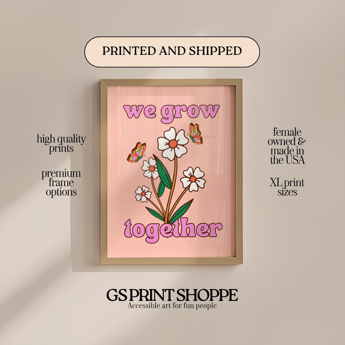 We Grow Together Retro Daisy Butterfly Pink Groovy Art Poster