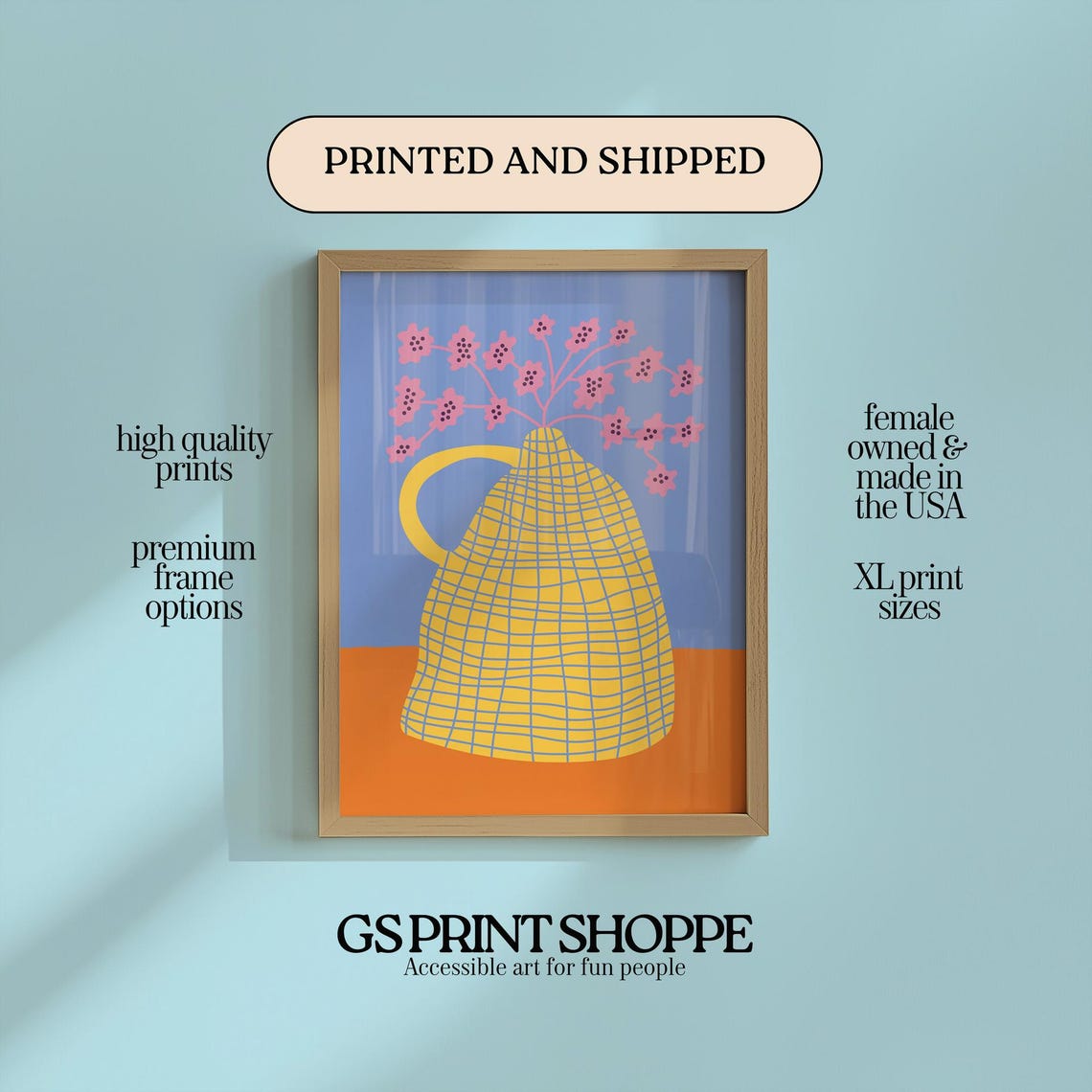 Abstract Pink Blossoms Yellow Checkered Jug Blue Floral Poster