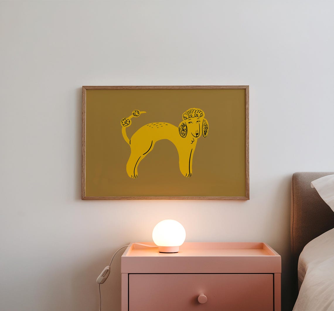 Yellow Poodle Gold Background Whimsical Dog Illustration Poster